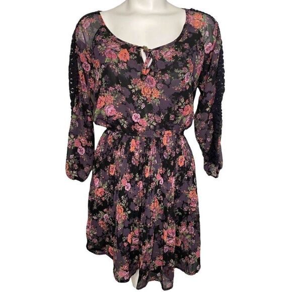 American Rag Dresses & Skirts - American Rag cie Dress Womens MEDIUM Black Purple Pink Green Long Sleeve Chiffon